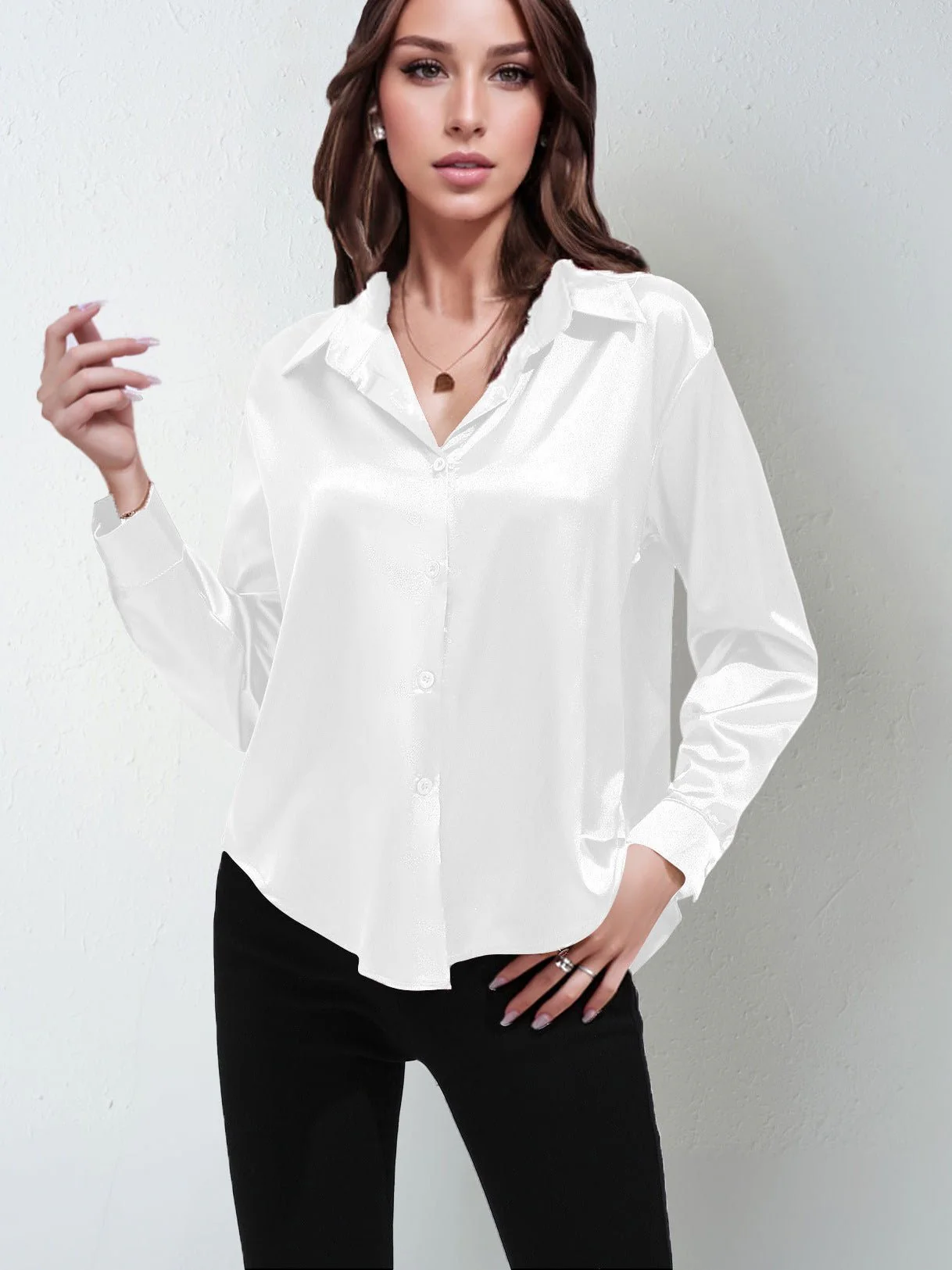Satin shirt women's imitation silk long sleeve solid color tops elegant button front lapel shirt - Image 21