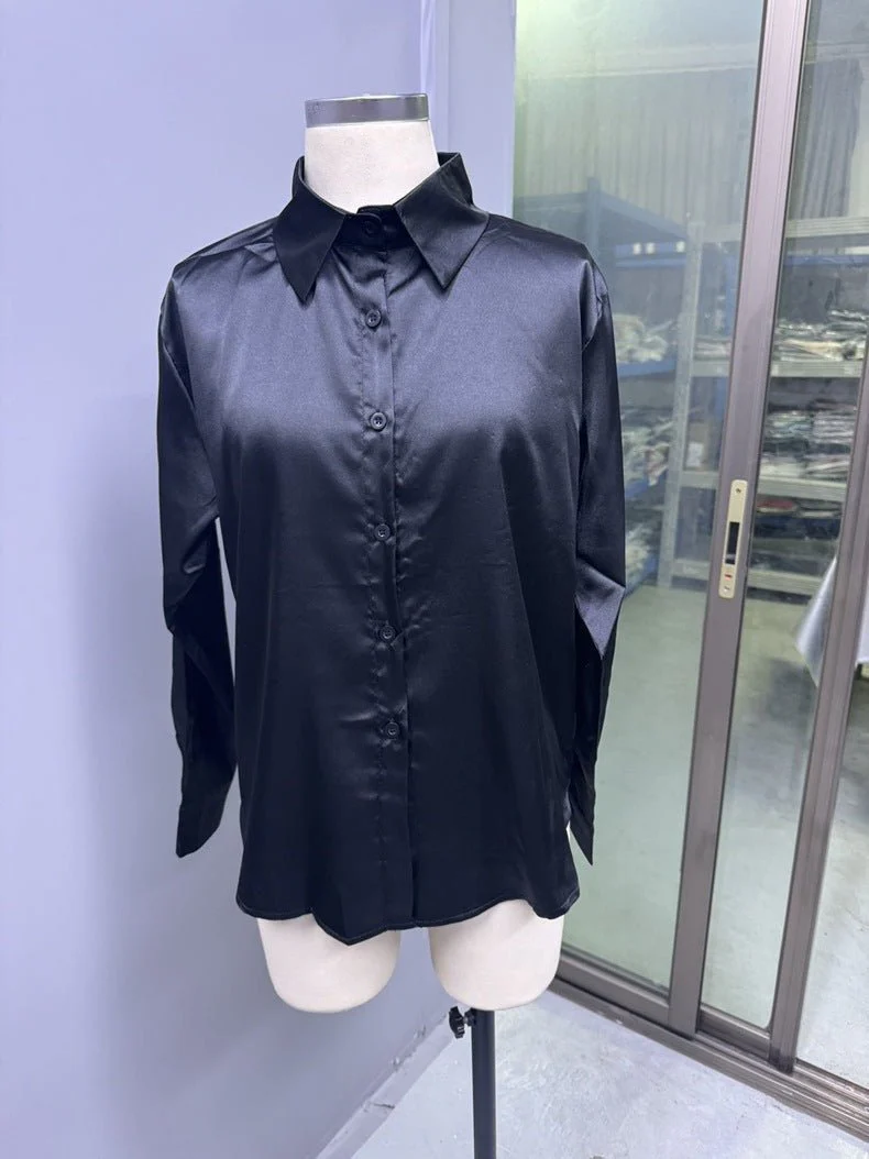 Satin shirt women's imitation silk long sleeve solid color tops elegant button front lapel shirt - Image 28