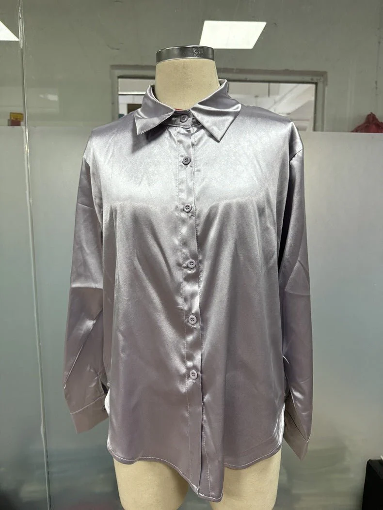 Satin shirt women's imitation silk long sleeve solid color tops elegant button front lapel shirt - Image 29