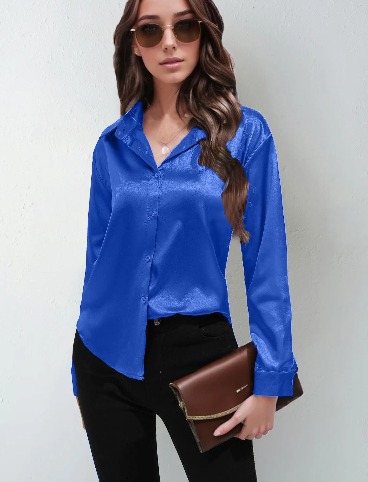 Satin shirt women's imitation silk long sleeve solid color tops elegant button front lapel shirt - Image 32
