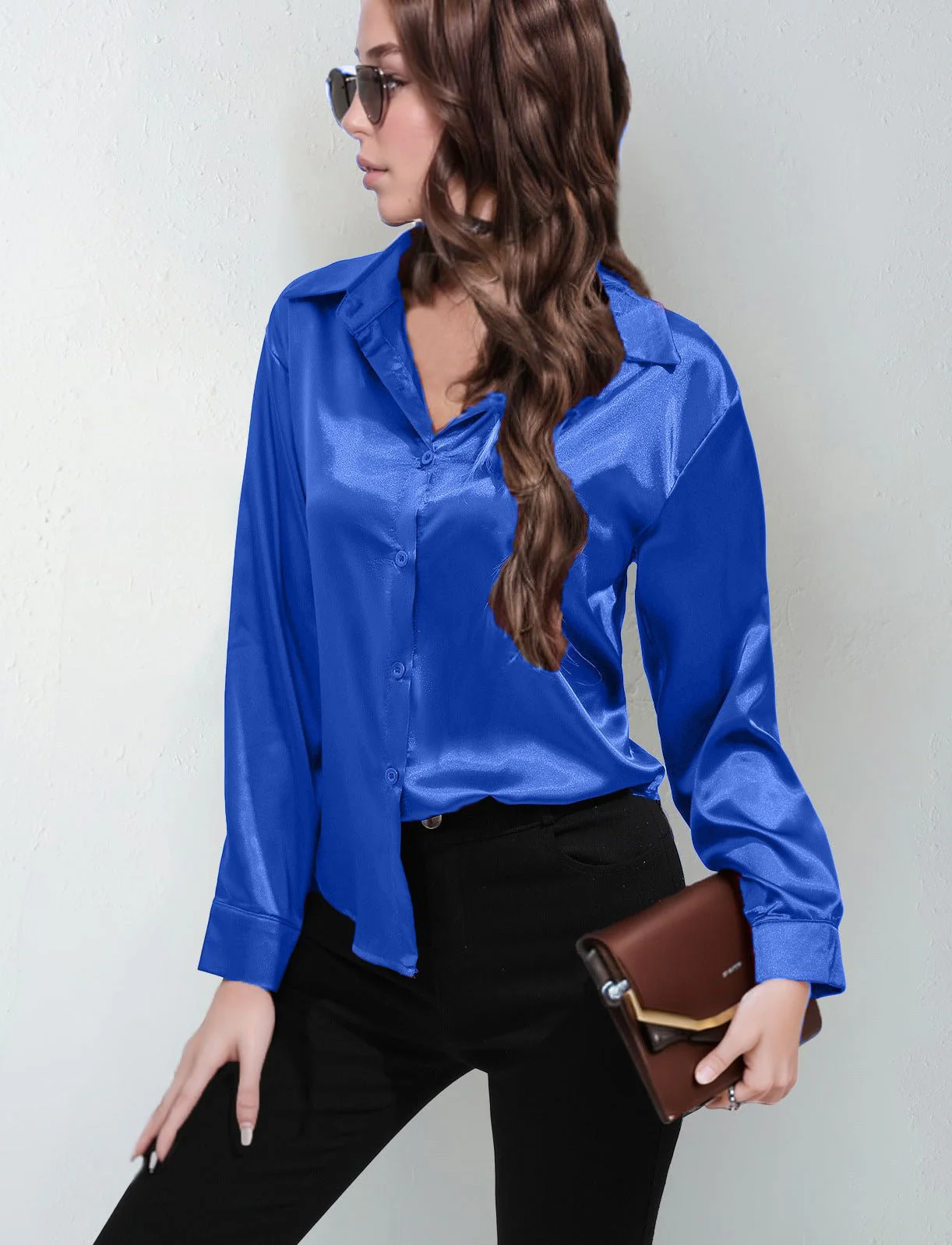 Satin shirt women's imitation silk long sleeve solid color tops elegant button front lapel shirt - Image 33