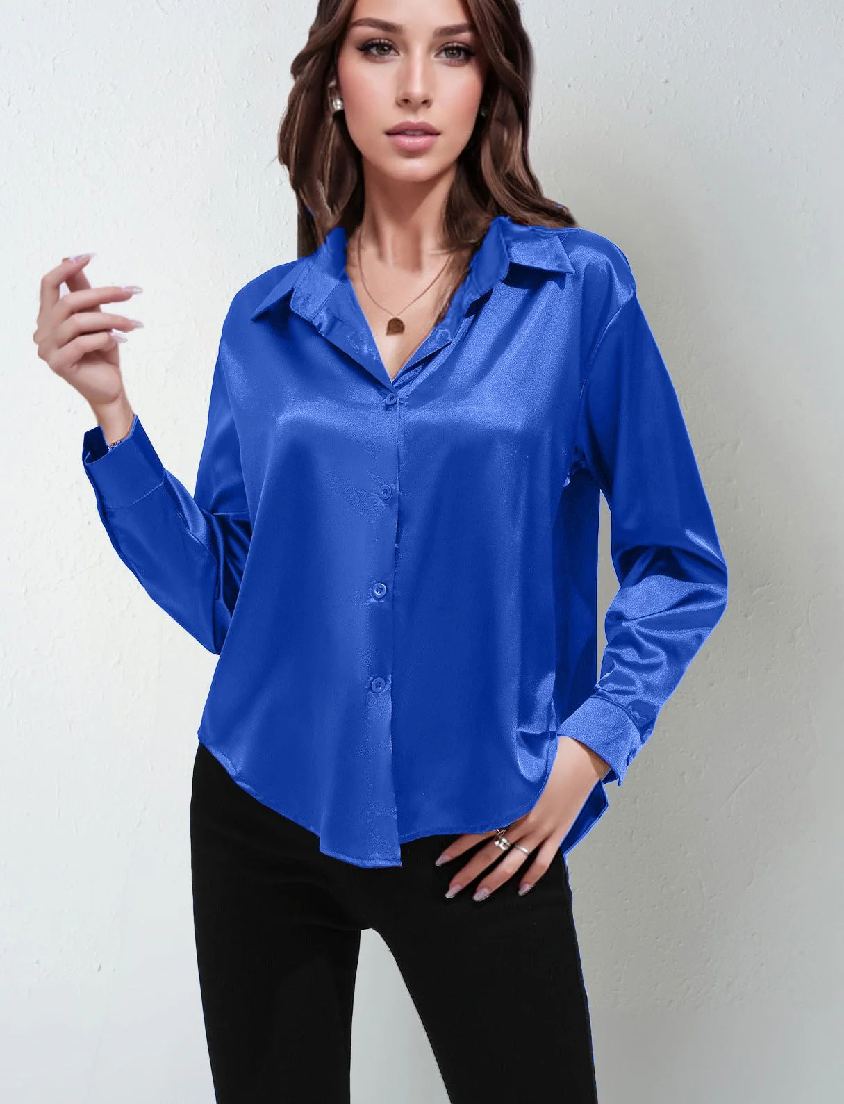 Satin shirt women's imitation silk long sleeve solid color tops elegant button front lapel shirt - Image 34