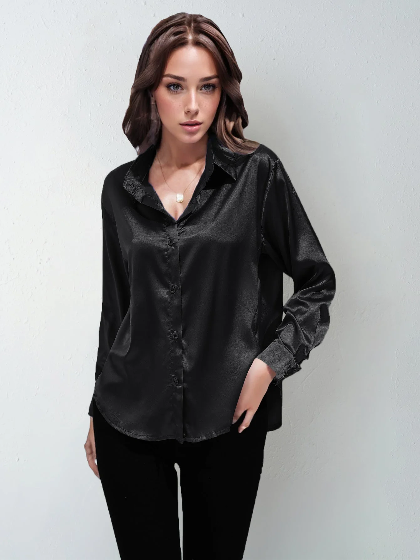 Satin shirt women's imitation silk long sleeve solid color tops elegant button front lapel shirt - Image 37