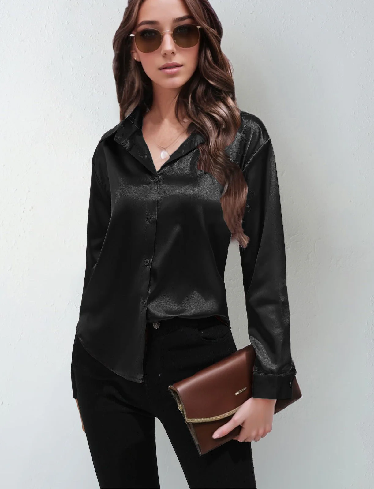 Satin shirt women's imitation silk long sleeve solid color tops elegant button front lapel shirt - Image 40