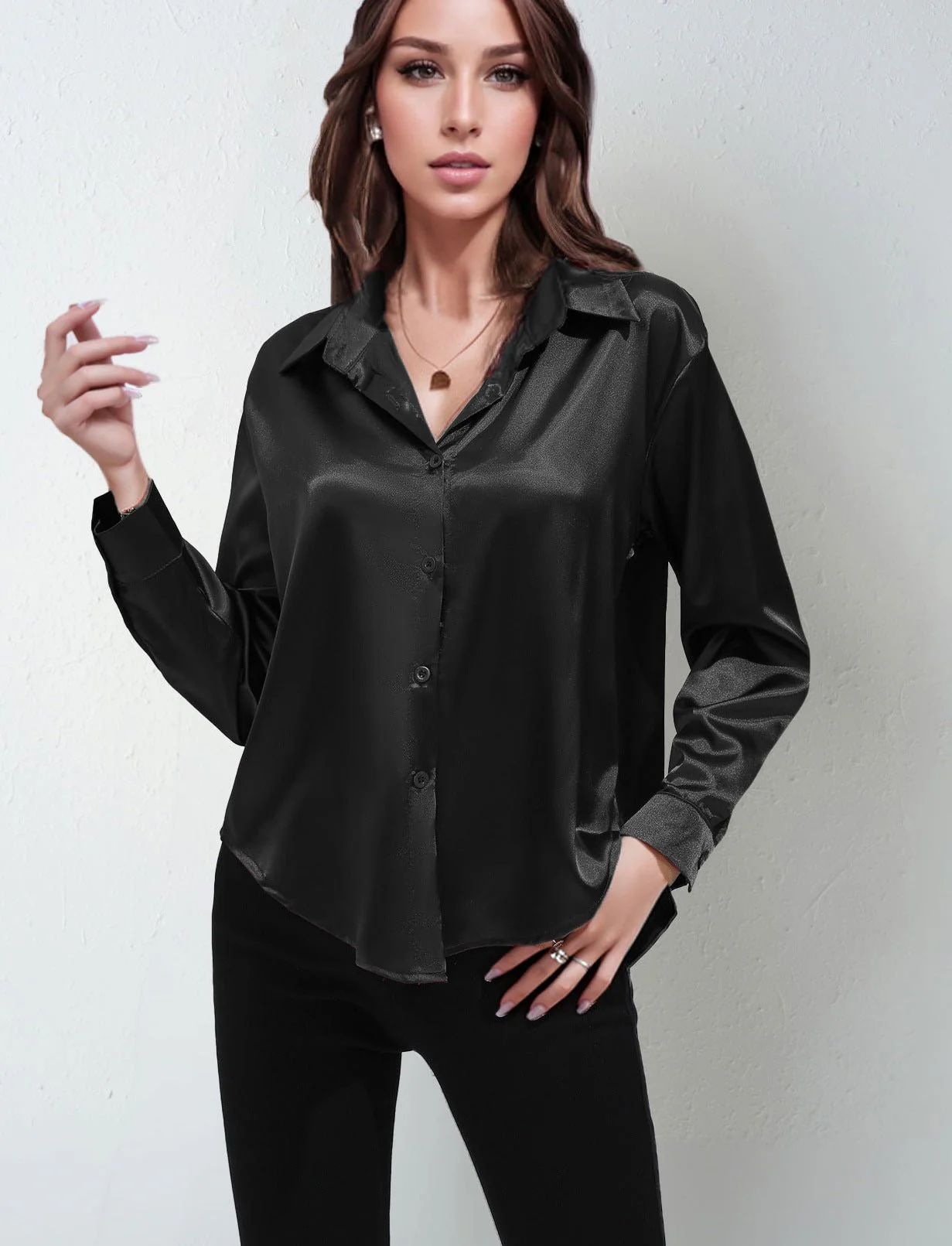 Satin shirt women's imitation silk long sleeve solid color tops elegant button front lapel shirt - Image 42