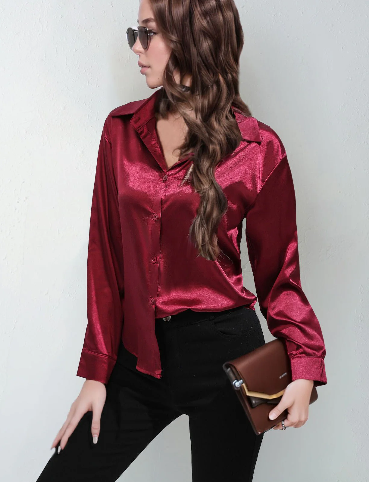 Satin shirt women's imitation silk long sleeve solid color tops elegant button front lapel shirt - Image 48