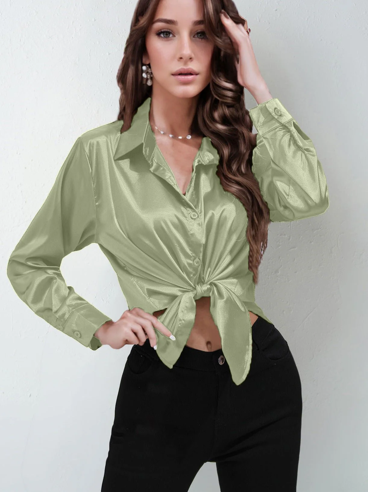 Satin shirt women's imitation silk long sleeve solid color tops elegant button front lapel shirt - Image 8