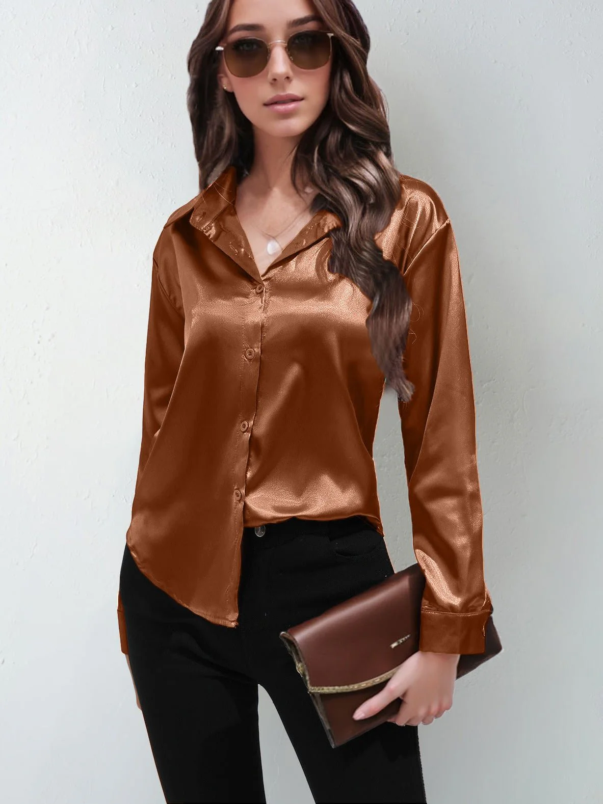 Satin shirt women's imitation silk long sleeve solid color tops elegant button front lapel shirt FD - Image 12