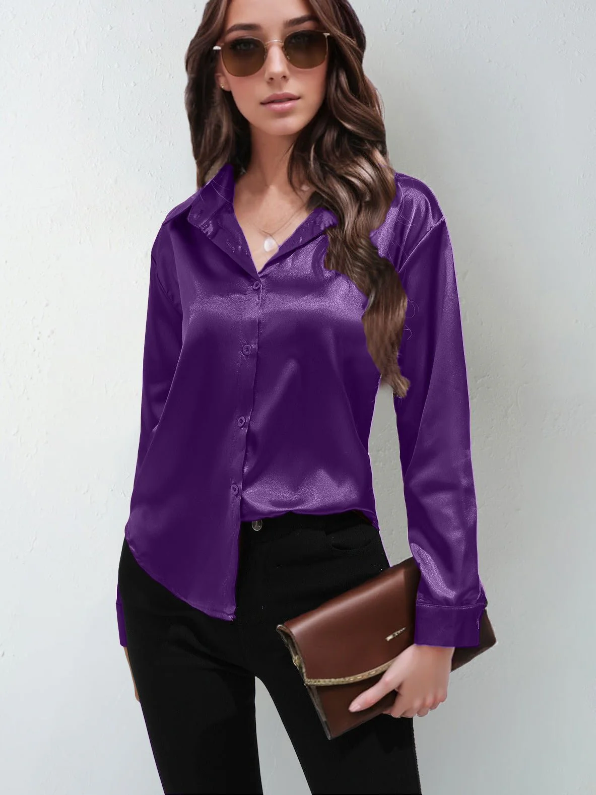 Satin shirt women's imitation silk long sleeve solid color tops elegant button front lapel shirt FD - Image 16