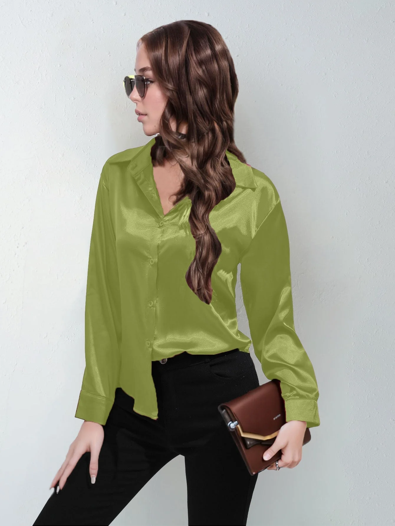 Satin shirt women's imitation silk long sleeve solid color tops elegant button front lapel shirt FD - Image 22