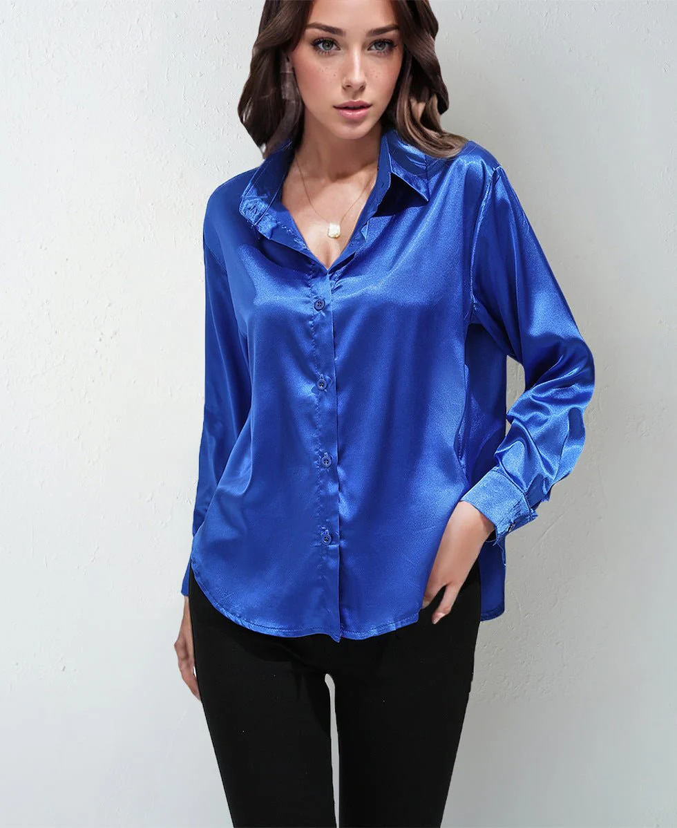 Satin shirt women's imitation silk long sleeve solid color tops elegant button front lapel shirt FD - Image 4