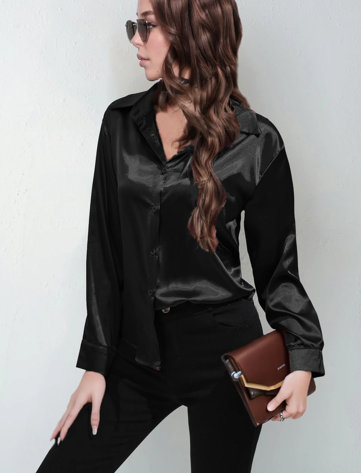 Satin shirt women's imitation silk long sleeve solid color tops elegant button front lapel shirt FD - Image 41