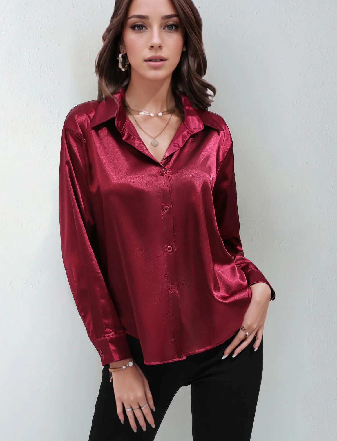 Satin shirt women's imitation silk long sleeve solid color tops elegant button front lapel shirt FD - Image 50