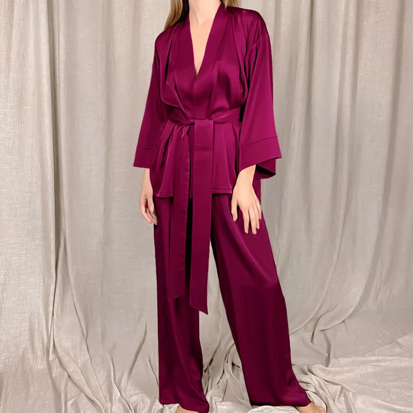 Satin Silk Cardigan Lace-up Nightgown Solid Color FD - Image 10