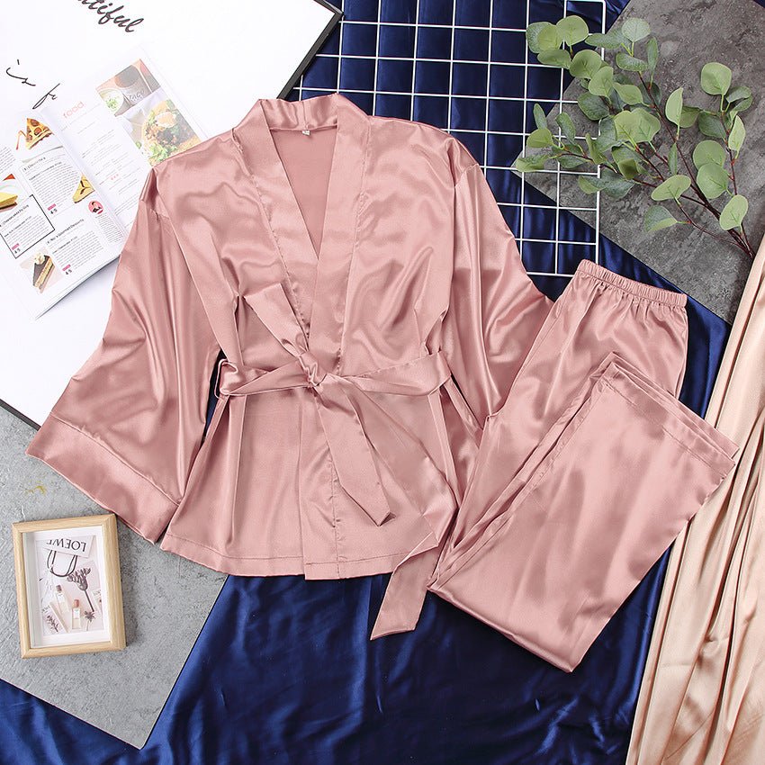 Satin Silk Cardigan Lace-up Nightgown Solid Color FD - Image 12