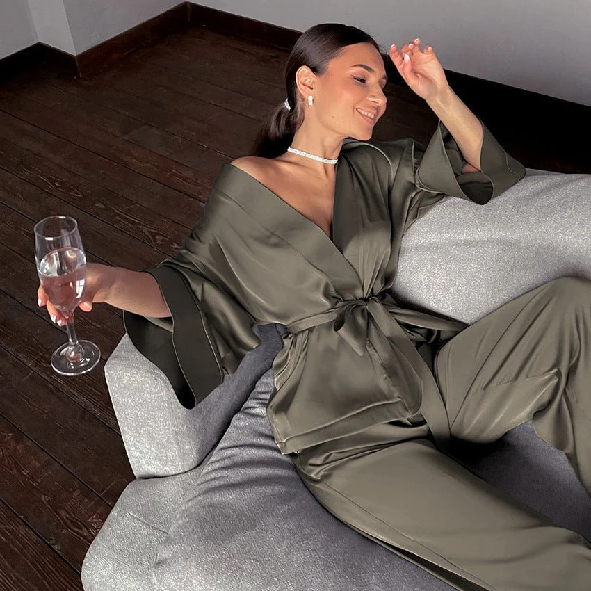 Satin Silk Cardigan Lace-up Nightgown Solid Color FD - Image 14