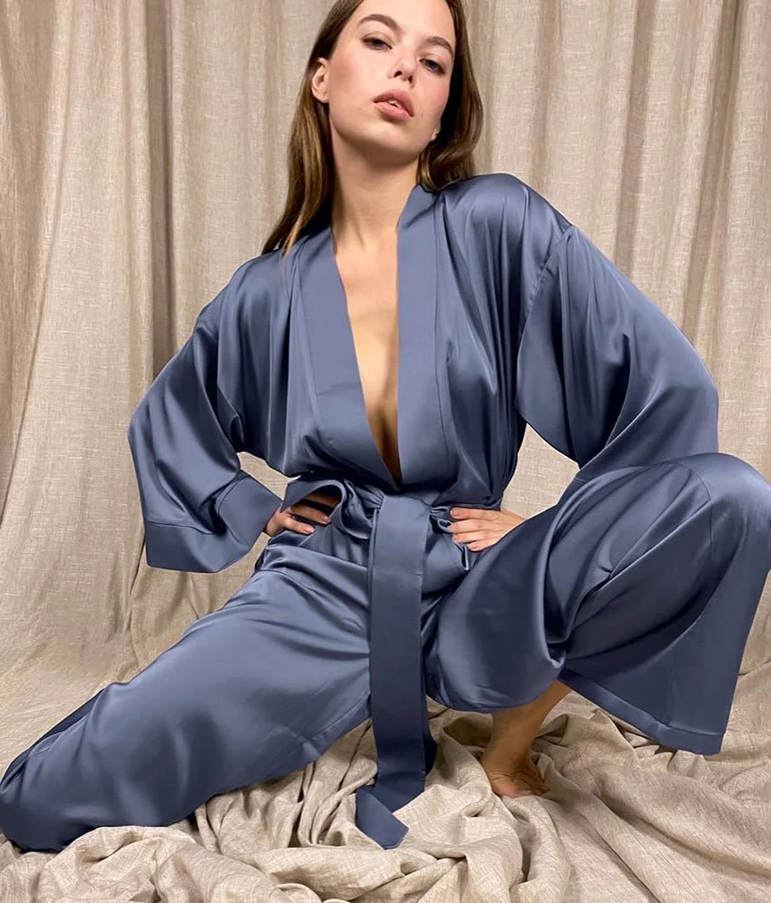 Satin Silk Cardigan Lace-up Nightgown Solid Color FD - Image 16