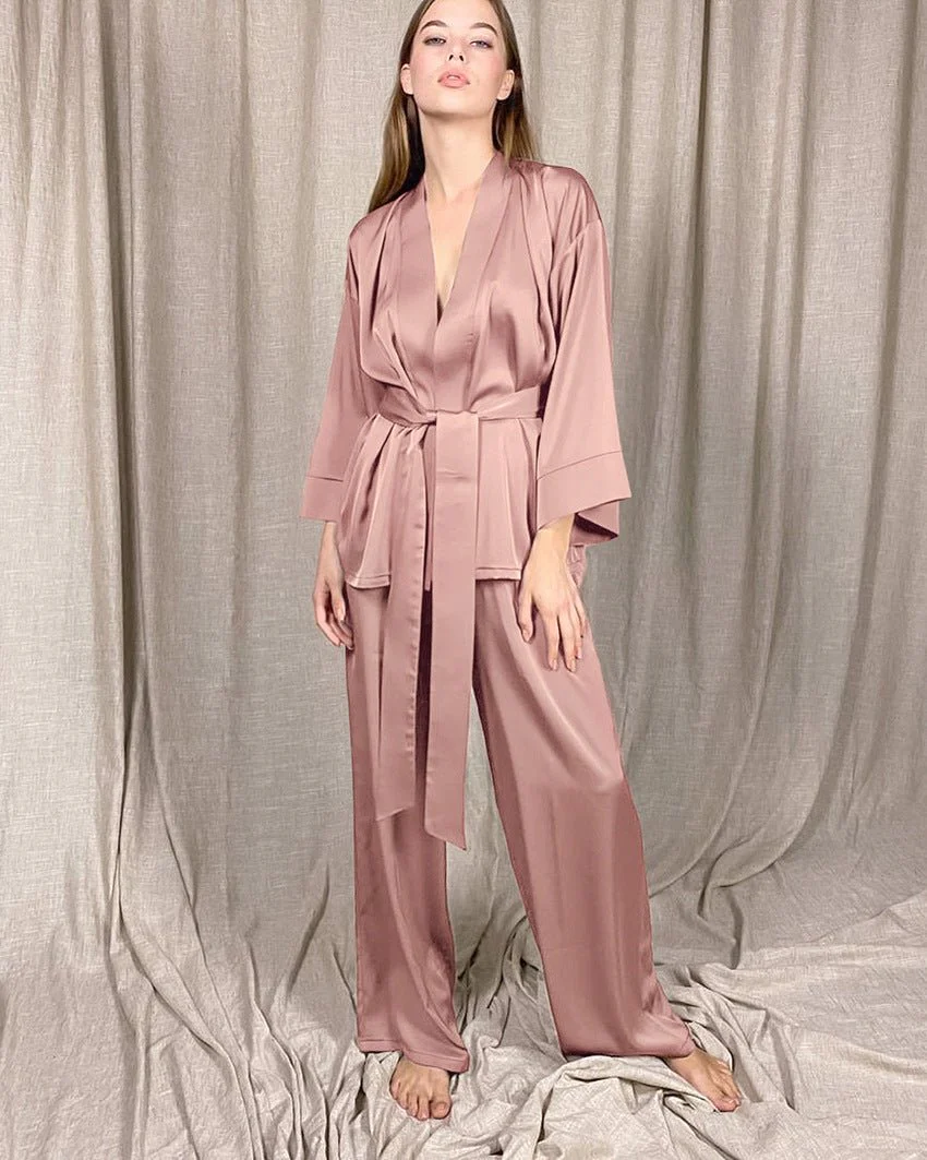 Satin Silk Cardigan Lace-up Nightgown Solid Color FD - Image 18
