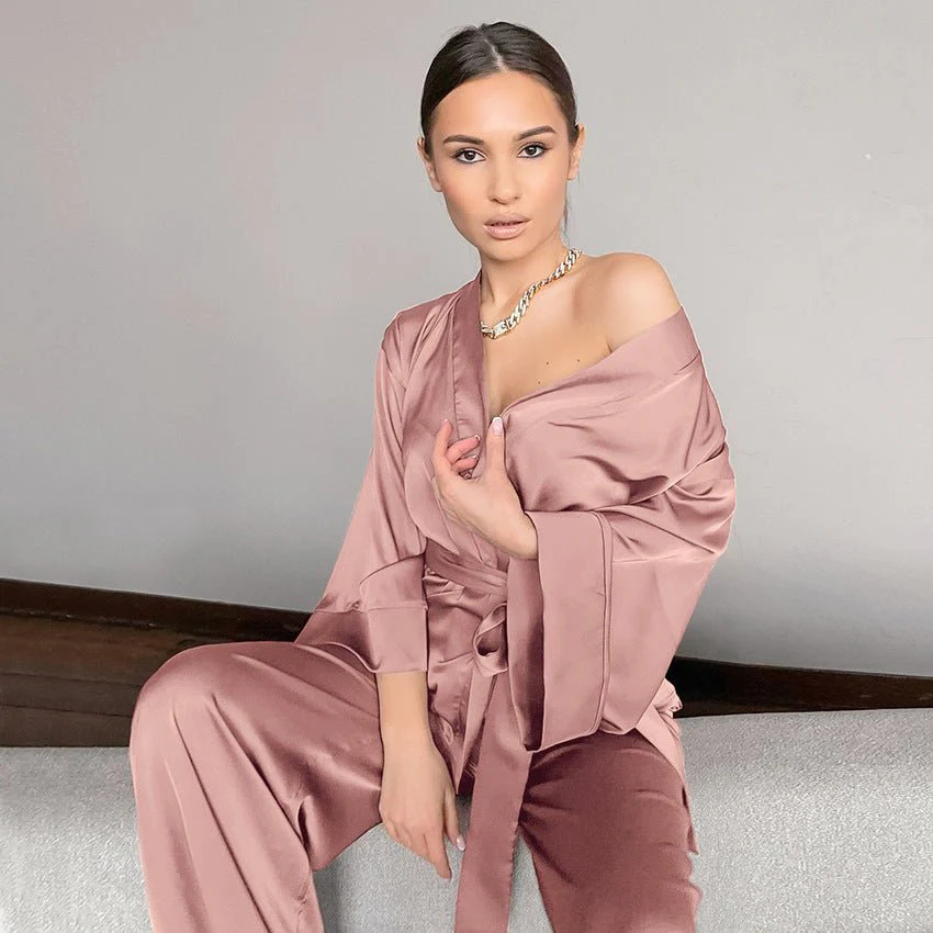 Satin Silk Cardigan Lace-up Nightgown Solid Color FD - Image 2