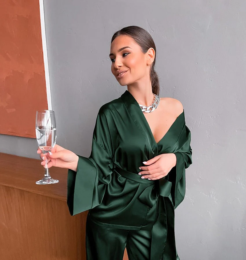 Satin Silk Cardigan Lace-up Nightgown Solid Color FD - Image 20