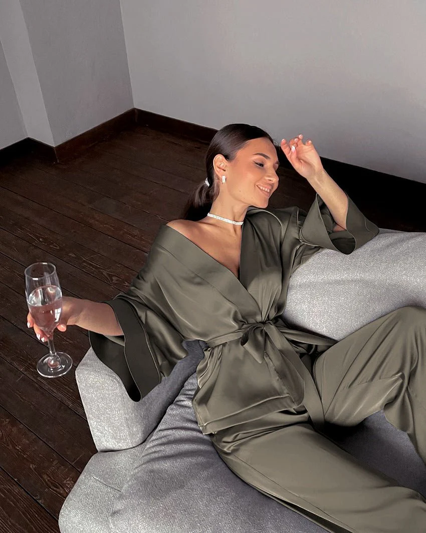 Satin Silk Cardigan Lace-up Nightgown Solid Color FD - Image 22