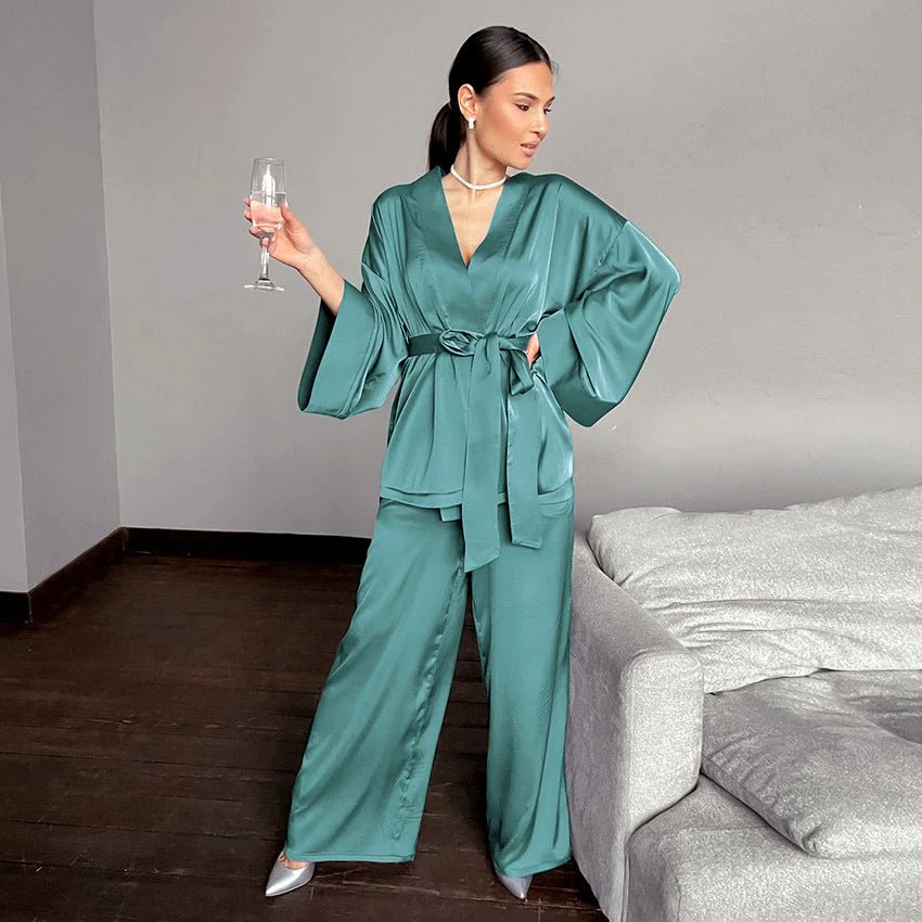 Satin Silk Cardigan Lace-up Nightgown Solid Color FD - Image 24