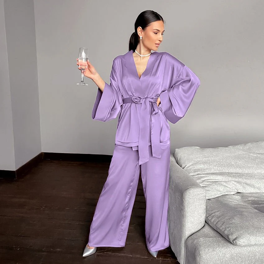 Satin Silk Cardigan Lace-up Nightgown Solid Color FD - Image 27