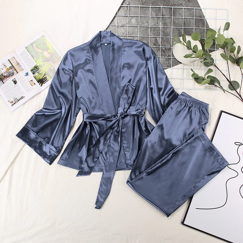 Satin Silk Cardigan Lace-up Nightgown Solid Color FD - Image 31