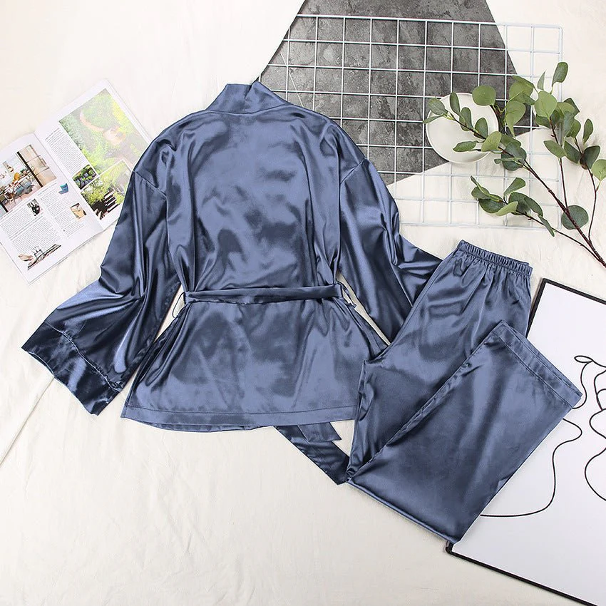 Satin Silk Cardigan Lace-up Nightgown Solid Color FD - Image 32
