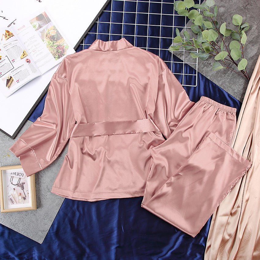 Satin Silk Cardigan Lace-up Nightgown Solid Color FD - Image 33