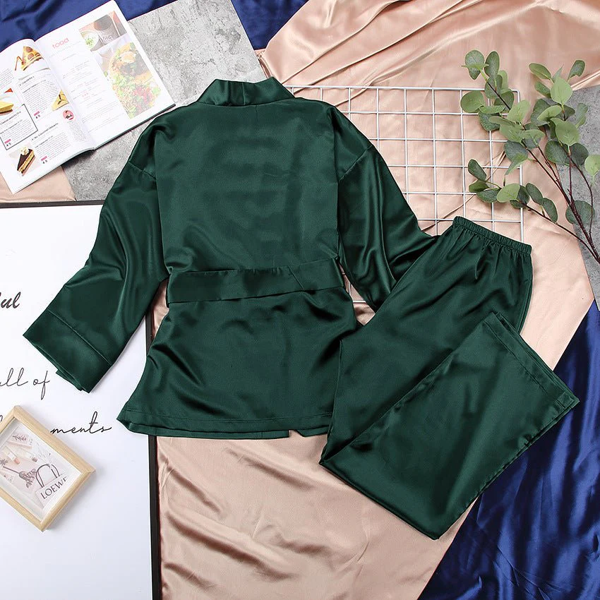 Satin Silk Cardigan Lace-up Nightgown Solid Color FD - Image 34
