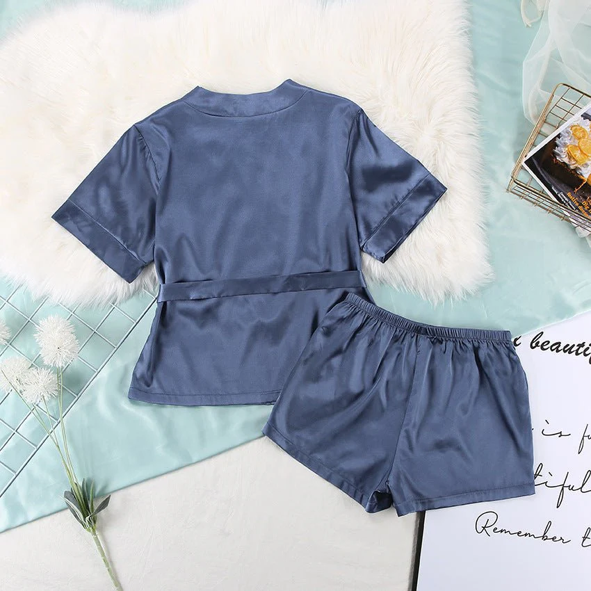 Satin Silk Cardigan Lace-up Nightgown Solid Color FD - Image 36