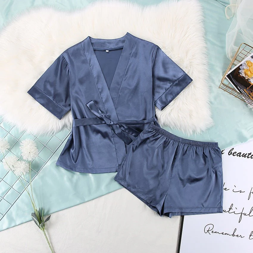 Satin Silk Cardigan Lace-up Nightgown Solid Color FD - Image 37