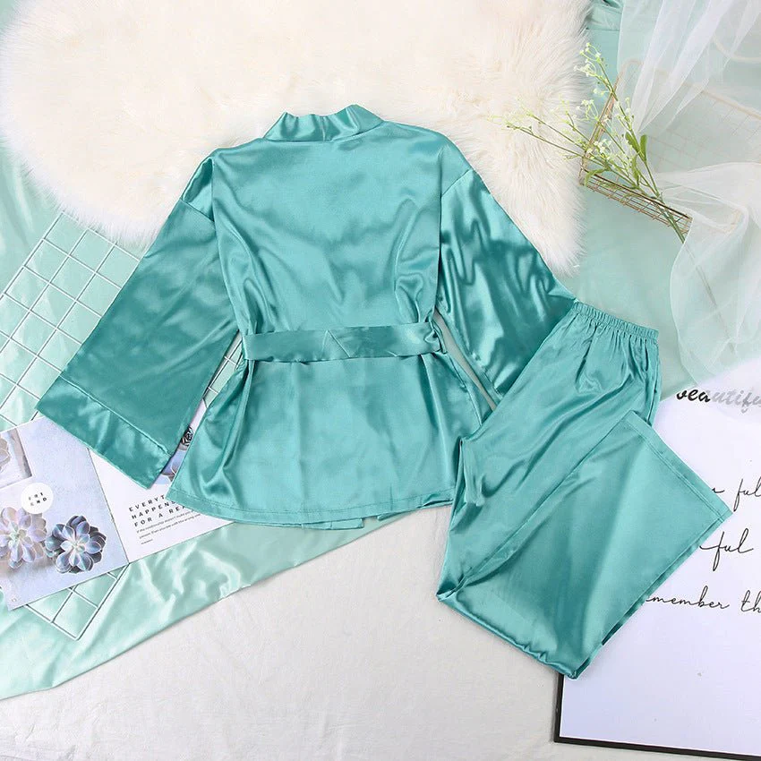 Satin Silk Cardigan Lace-up Nightgown Solid Color FD - Image 38