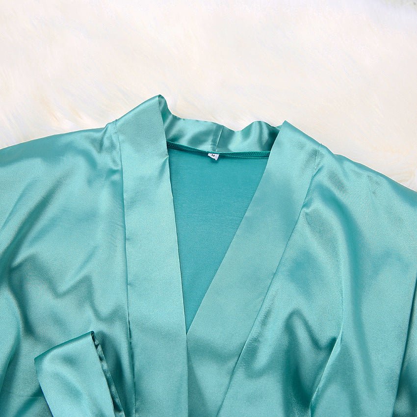 Satin Silk Cardigan Lace-up Nightgown Solid Color FD - Image 39