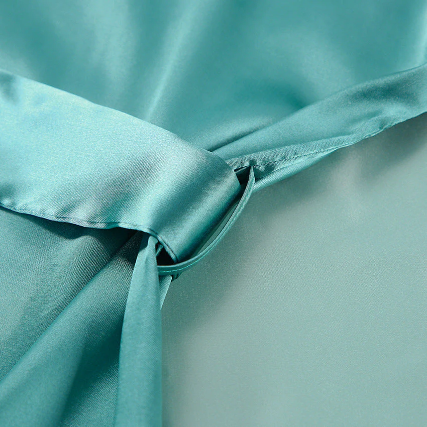 Satin Silk Cardigan Lace-up Nightgown Solid Color FD - Image 43