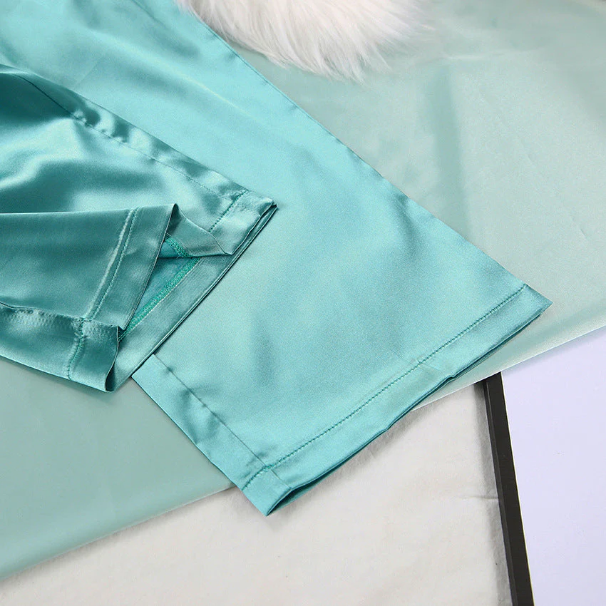 Satin Silk Cardigan Lace-up Nightgown Solid Color FD - Image 46