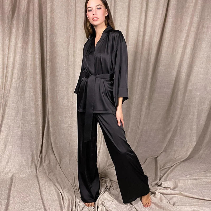 Satin Silk Cardigan Lace-up Nightgown Solid Color FD - Image 5