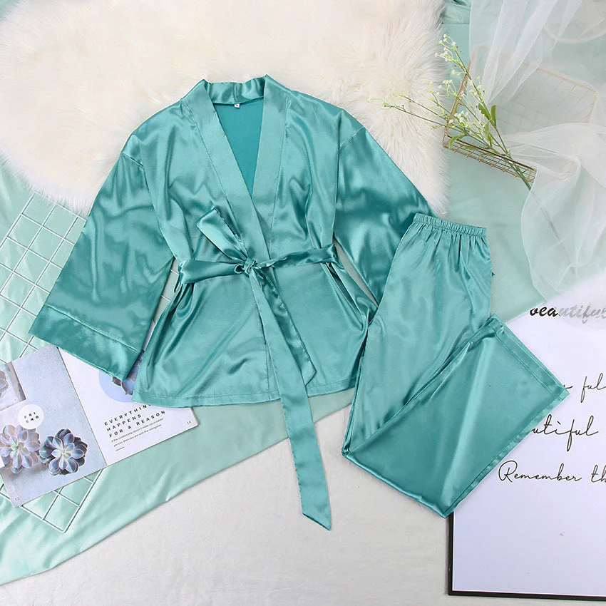 Satin Silk Cardigan Lace-up Nightgown Solid Color FD - Image 51