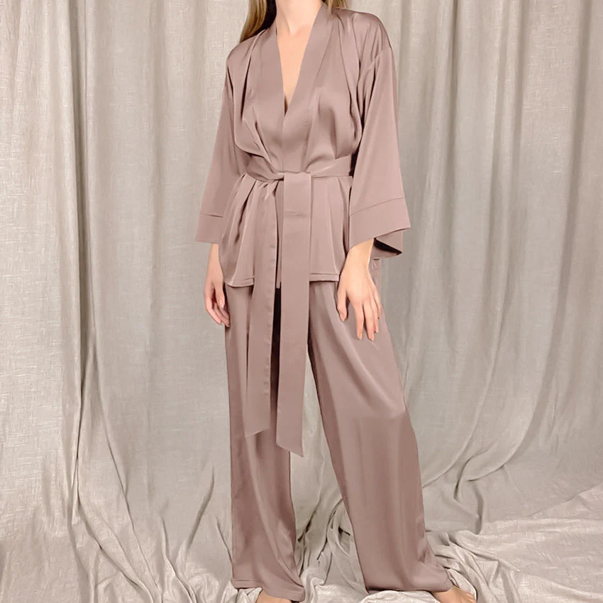 Satin Silk Cardigan Lace-up Nightgown Solid Color FD - Image 52