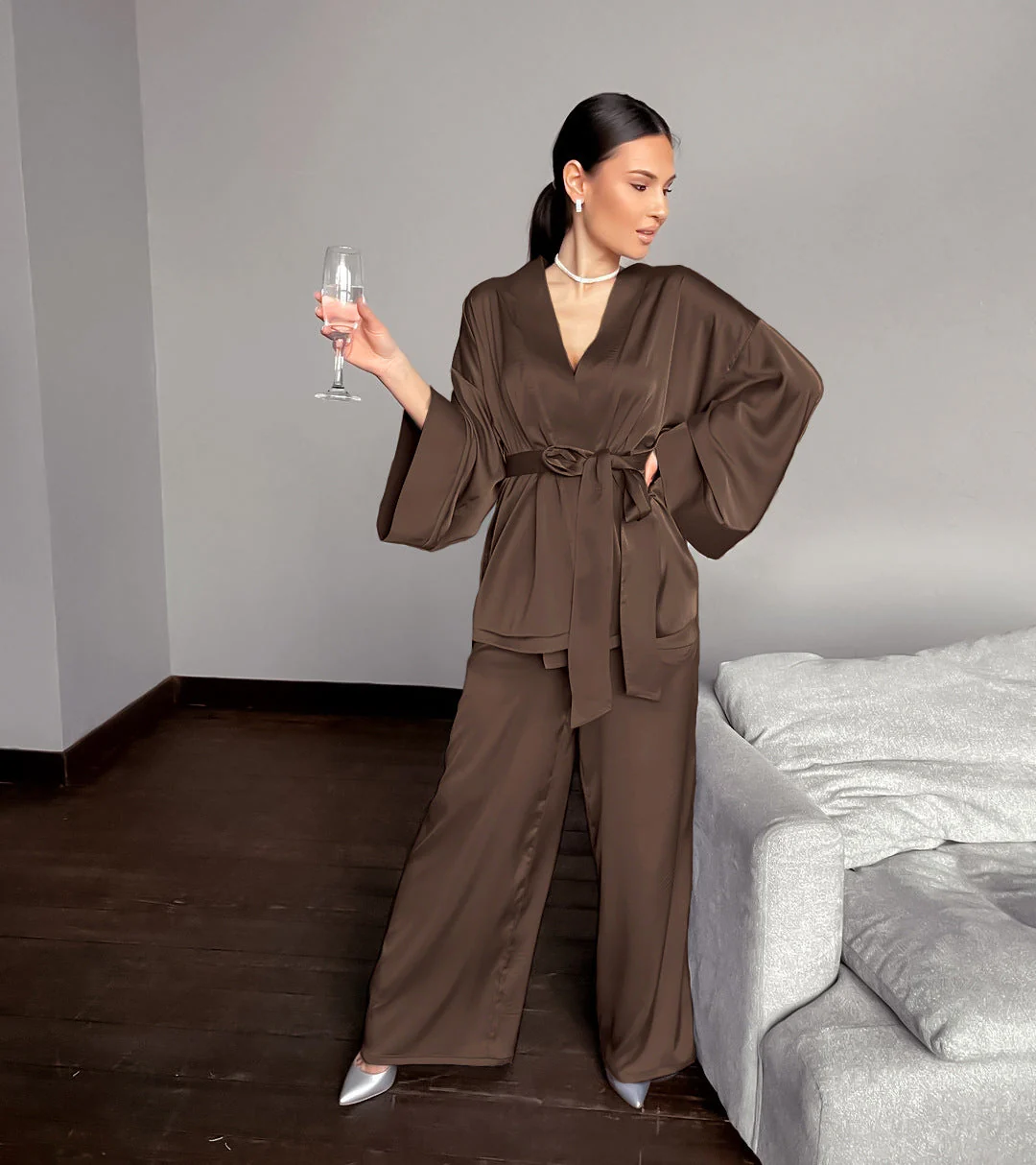 Satin Silk Cardigan Lace-up Nightgown Solid Color FD - Image 54