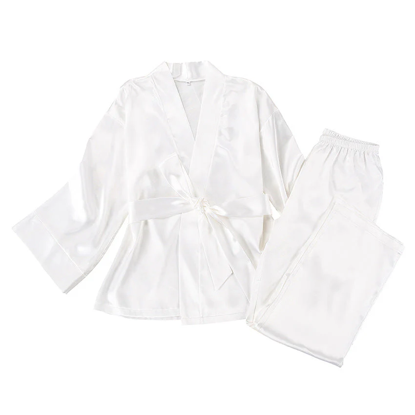Satin Silk Cardigan Lace-up Nightgown Solid Color FD - Image 55