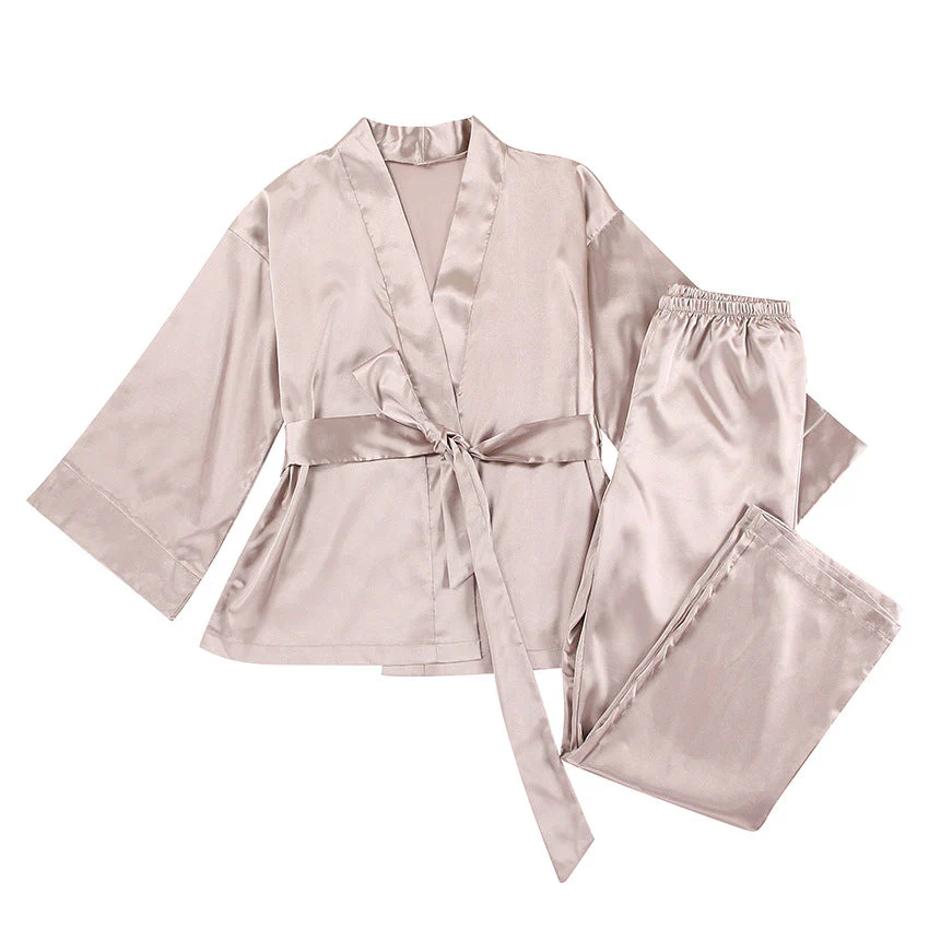 Satin Silk Cardigan Lace-up Nightgown Solid Color FD - Image 57