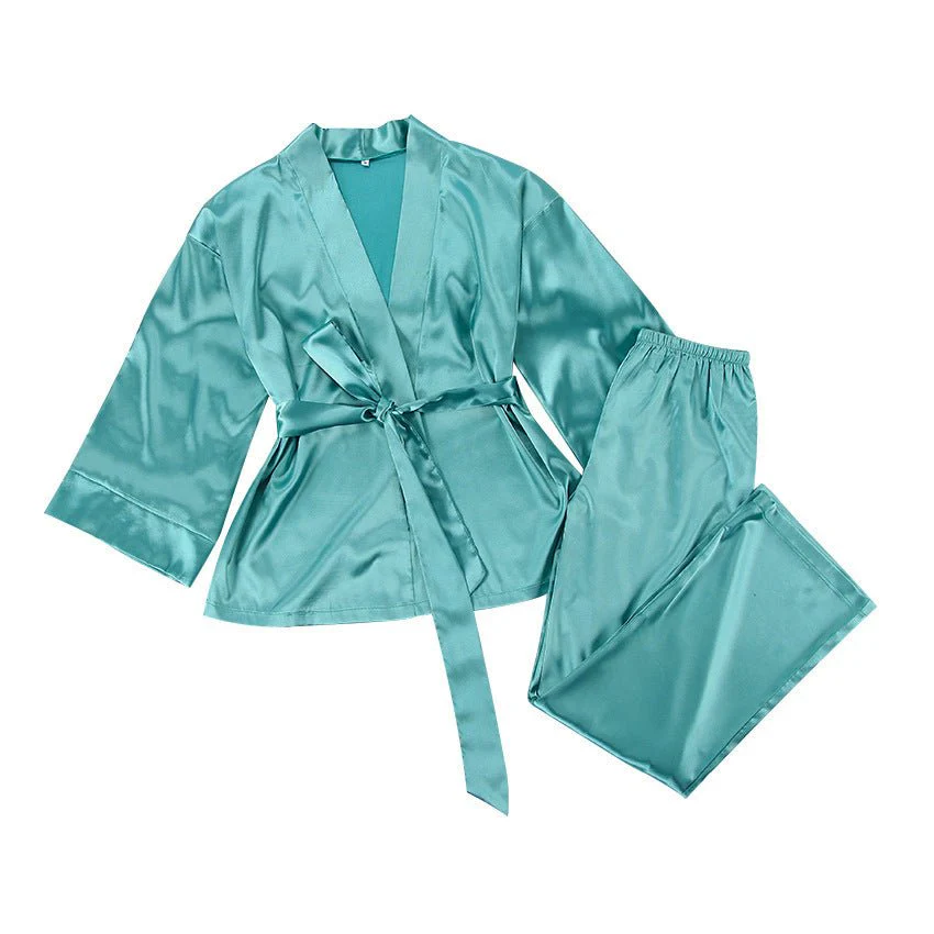 Satin Silk Cardigan Lace-up Nightgown Solid Color FD - Image 6