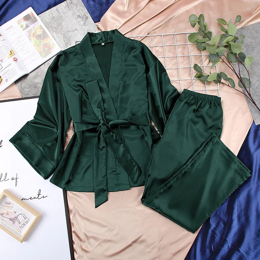 Satin Silk Cardigan Lace-up Nightgown Solid Color FD - Image 7