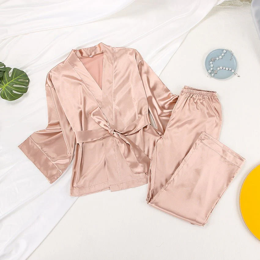 Satin Silk Cardigan Lace-up Nightgown Solid Color FD - Image 9