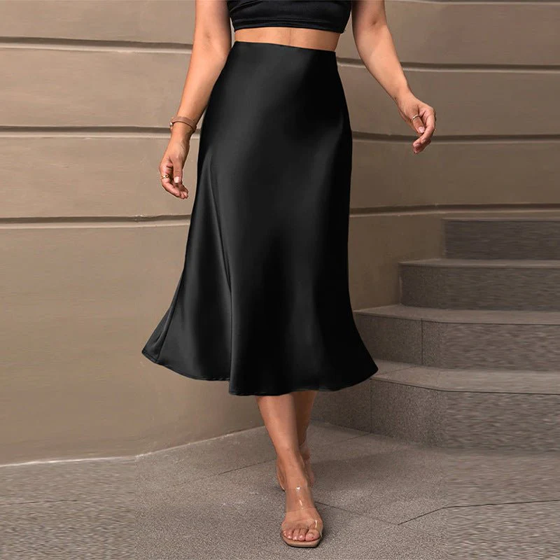 Satin silk skirt 2025 spring and summer elegant style polyester medium length A-shaped skirt