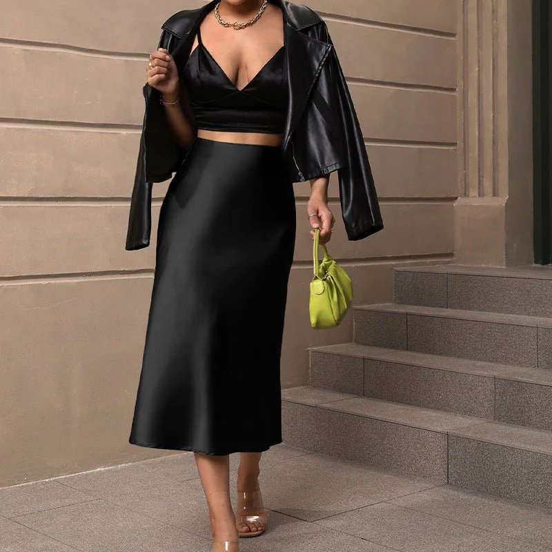 Satin silk skirt 2025 spring and summer elegant style polyester medium length A-shaped skirt - Image 3
