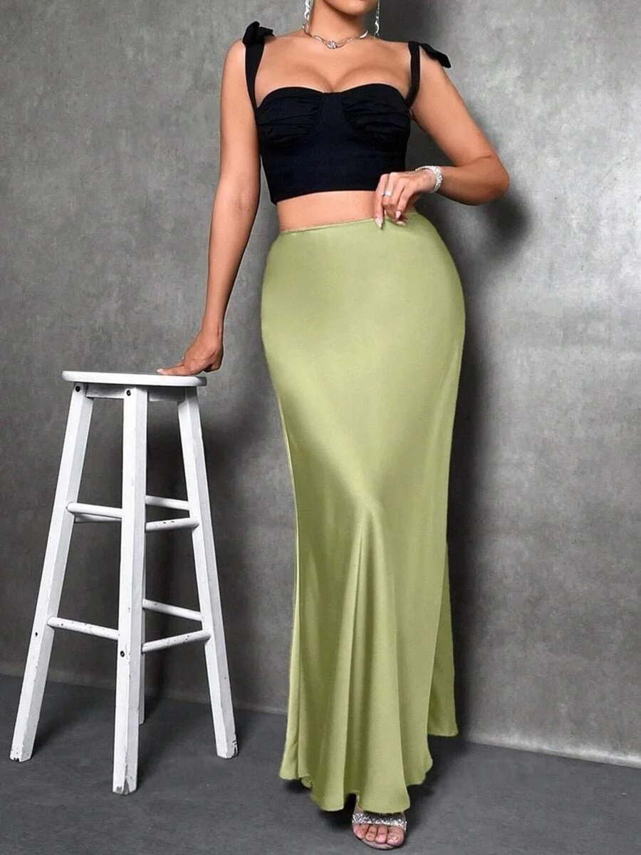 satin skirt spring and summer new simple imitation silk long skirt women's clothing FD - Image 22