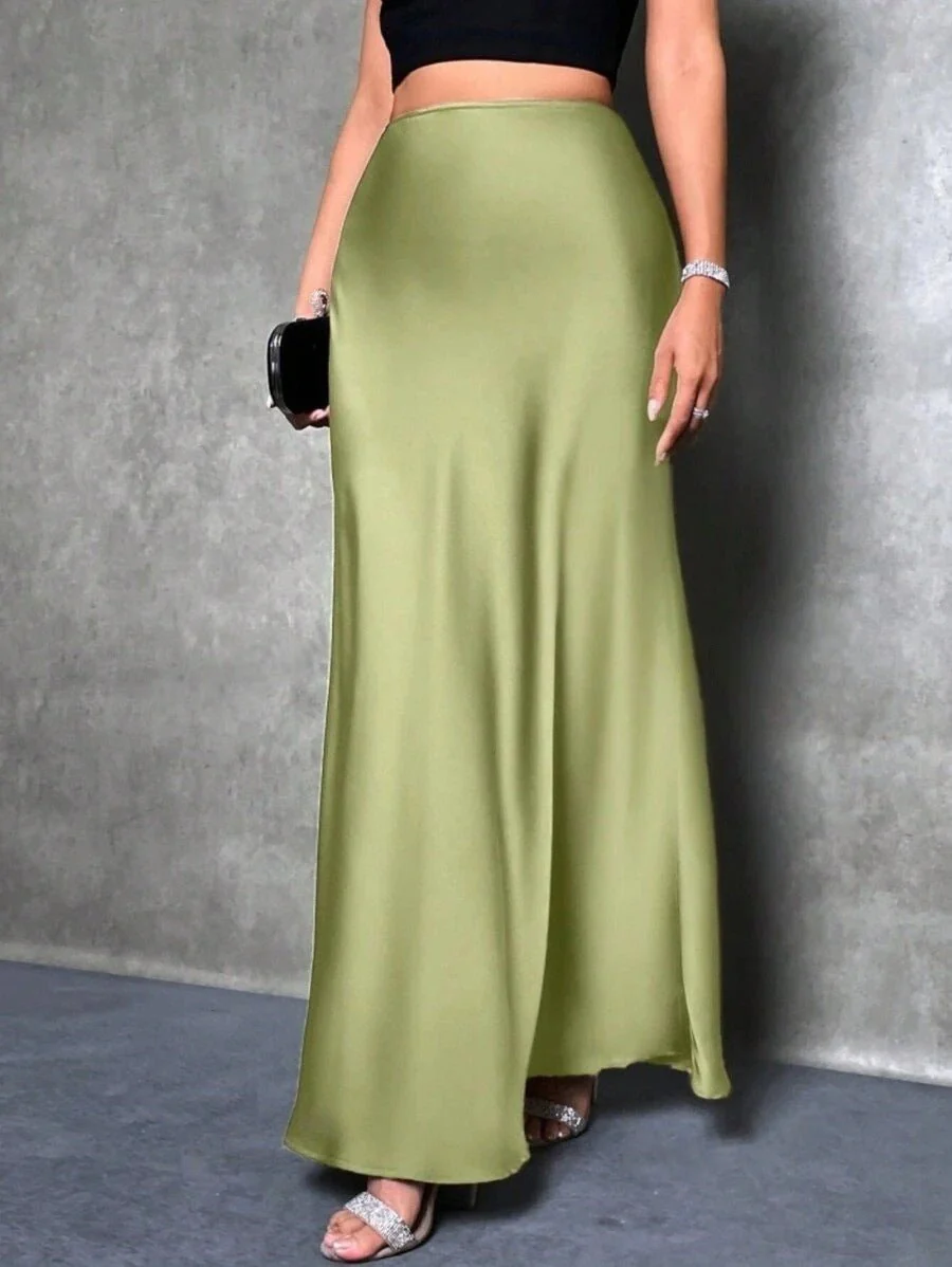 satin skirt spring and summer new simple imitation silk long skirt women's clothing FD - Image 47